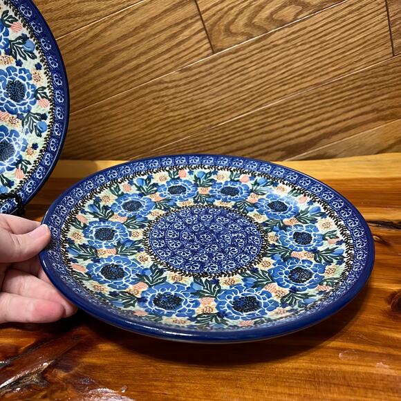 Unikat Polish Pottery Ceramika Blue Floral M. Starzyk 2290 Dinner Plate 10" Two - Picture 4 of 9